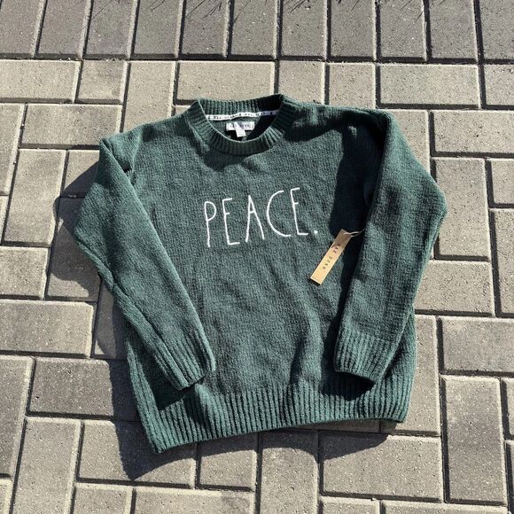 Rae Dunn PEACE green Raglan Sweater blouson Sleeve Cozy Holiday NWT $78 Small - Picture 1 of 7